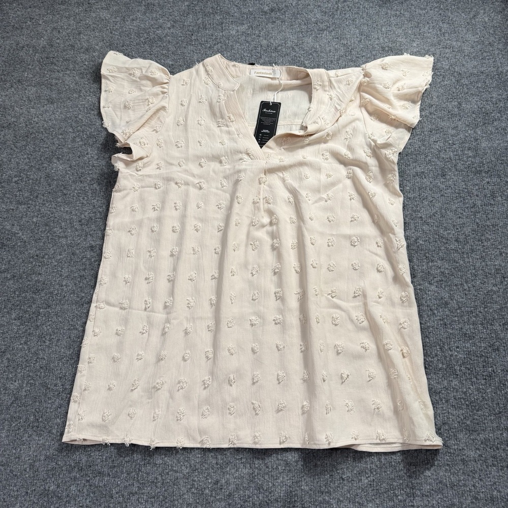 Fantaslook Cream Swiss Dot‎ Blouse NWT Flutter Sleeve V-Neck Boho Top Size Large